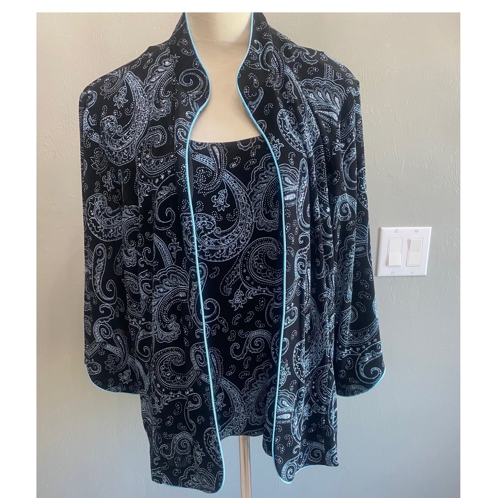 Alex Evenings Womens 2X Paisley Glitter Jacket Tank Set Black Blue Silver 2pc‎